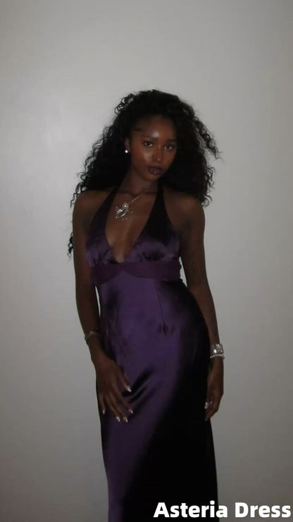 Chic Purple Halter V-Neck Satin Long Formal Prom Dresses