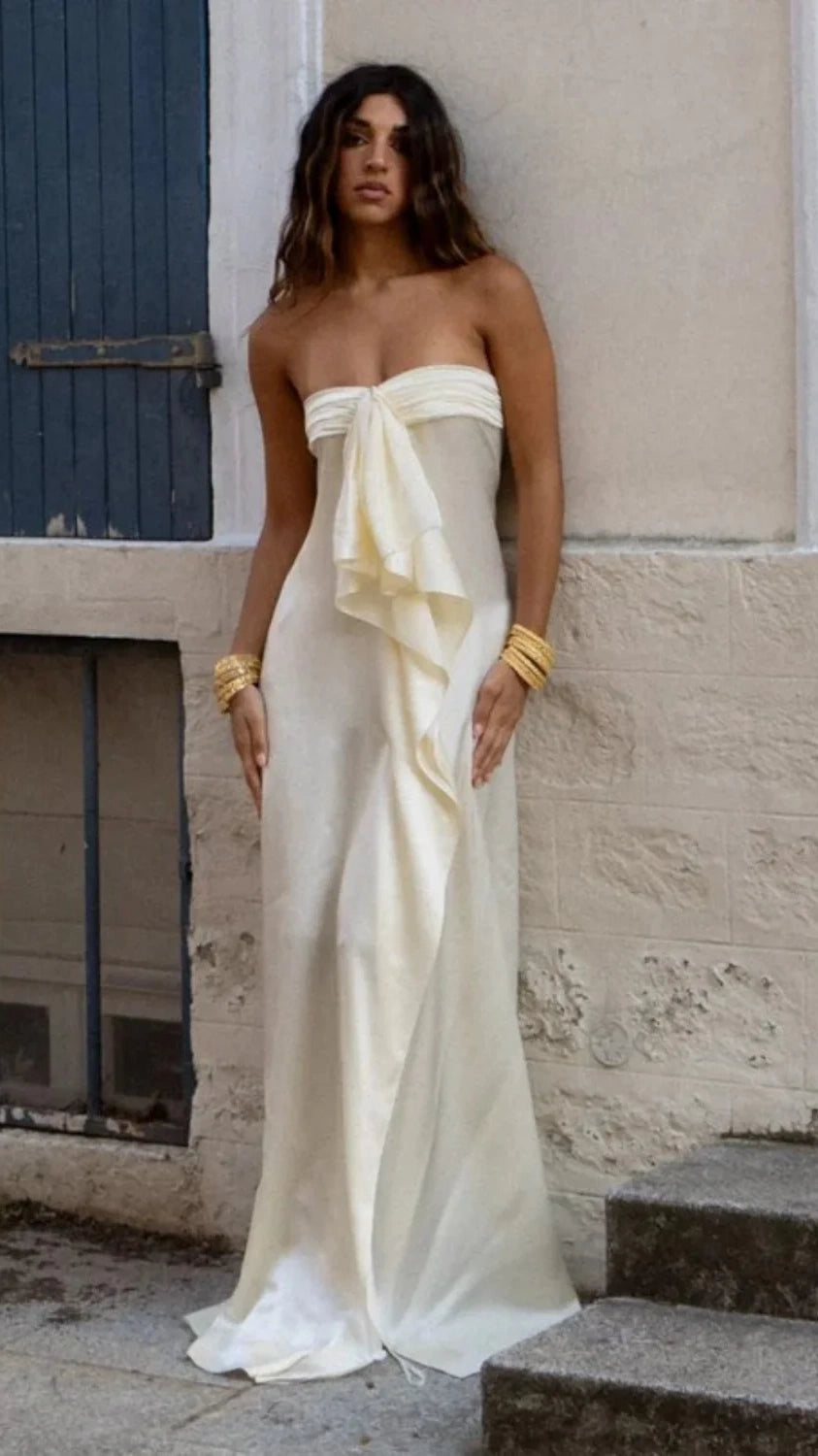 Chic Strapless Ruffle Satin Prom Dresses With Slit,AST2300