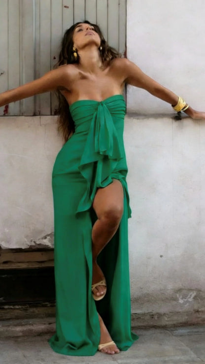 Chic Strapless Ruffle Satin Prom Dresses With Slit,AST2300