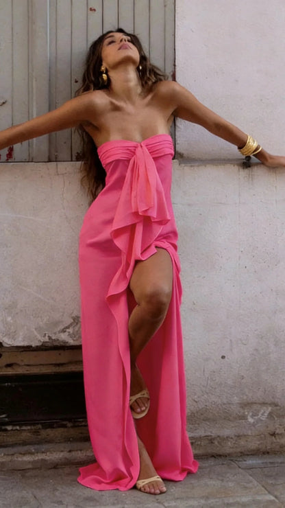 Chic Strapless Ruffle Satin Prom Dresses With Slit,AST2300