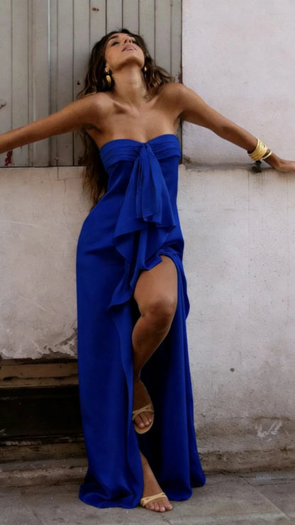 Chic Strapless Ruffle Satin Prom Dresses With Slit,AST2300