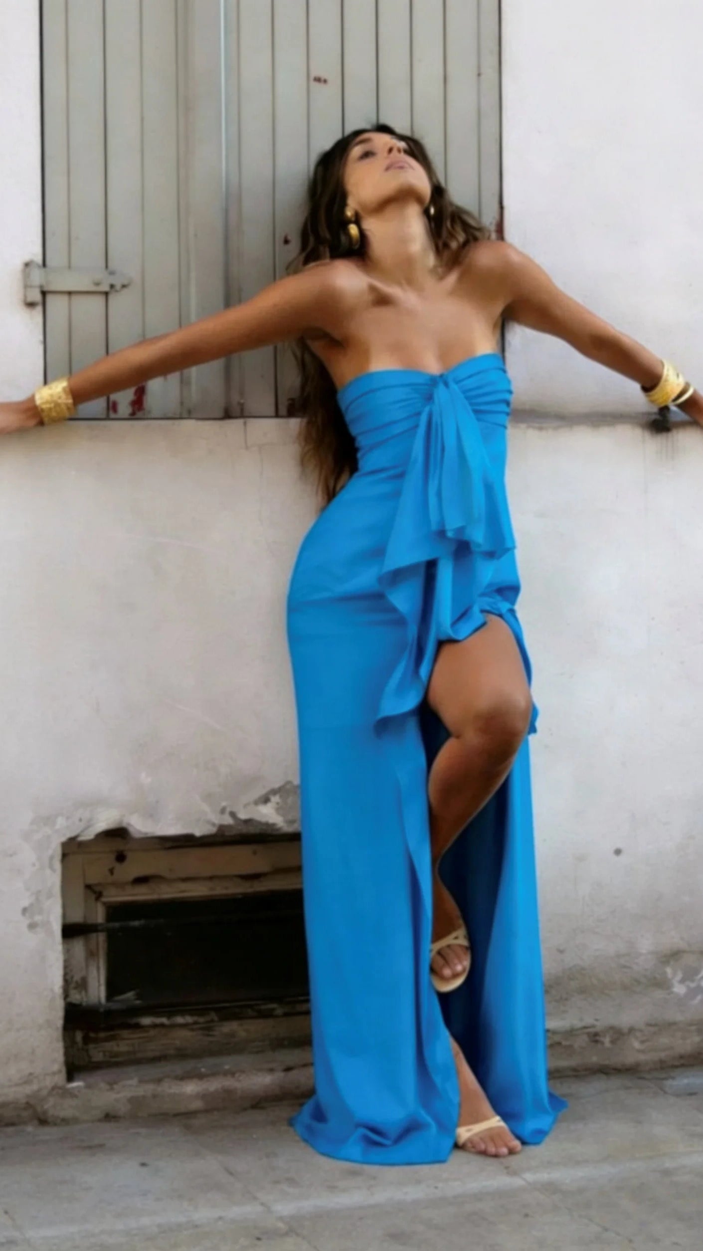 Chic Strapless Ruffle Satin Prom Dresses With Slit,AST2300