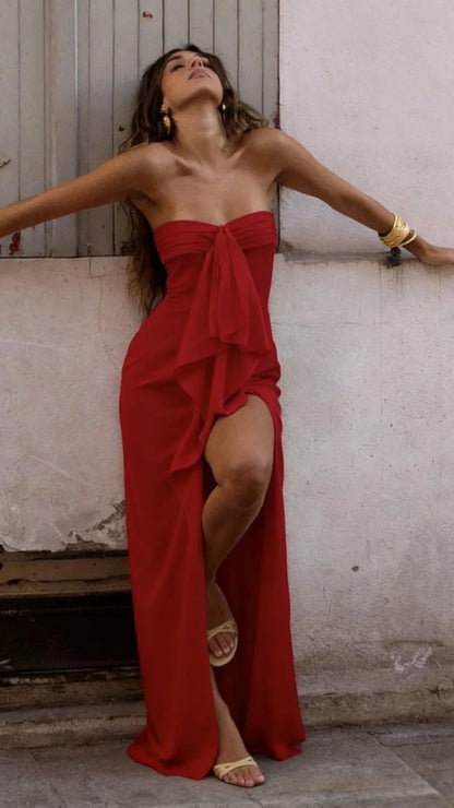 Chic Strapless Ruffle Satin Prom Dresses With Slit,AST2300