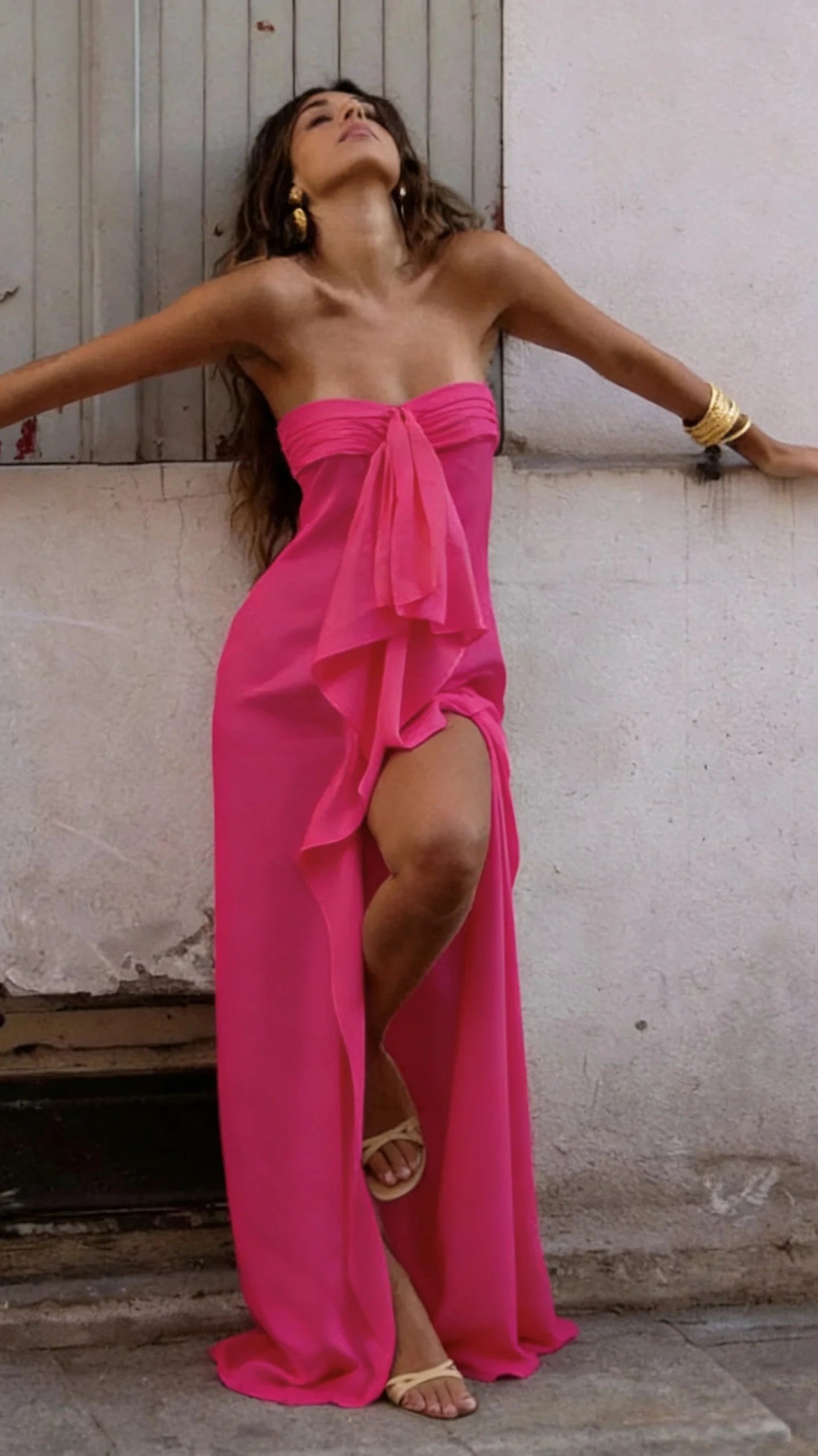 Chic Strapless Ruffle Satin Prom Dresses With Slit,AST2300