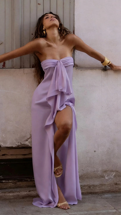 Chic Strapless Ruffle Satin Prom Dresses With Slit,AST2300