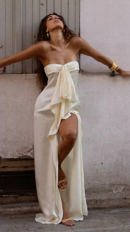 Chic Strapless Ruffle Satin Prom Dresses With Slit,AST2300