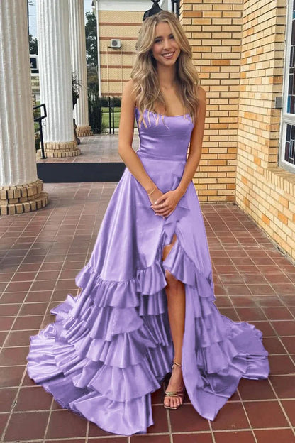 Chic A-line Ruffle Prom Dresses Long Birthday Party Dress With Slit,AST2085