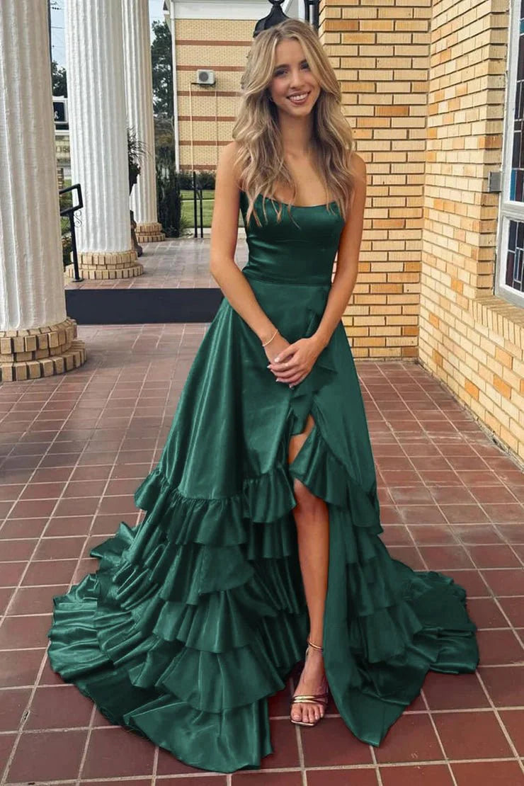 Chic A-line Ruffle Prom Dresses Long Birthday Party Dress With Slit,AST2085