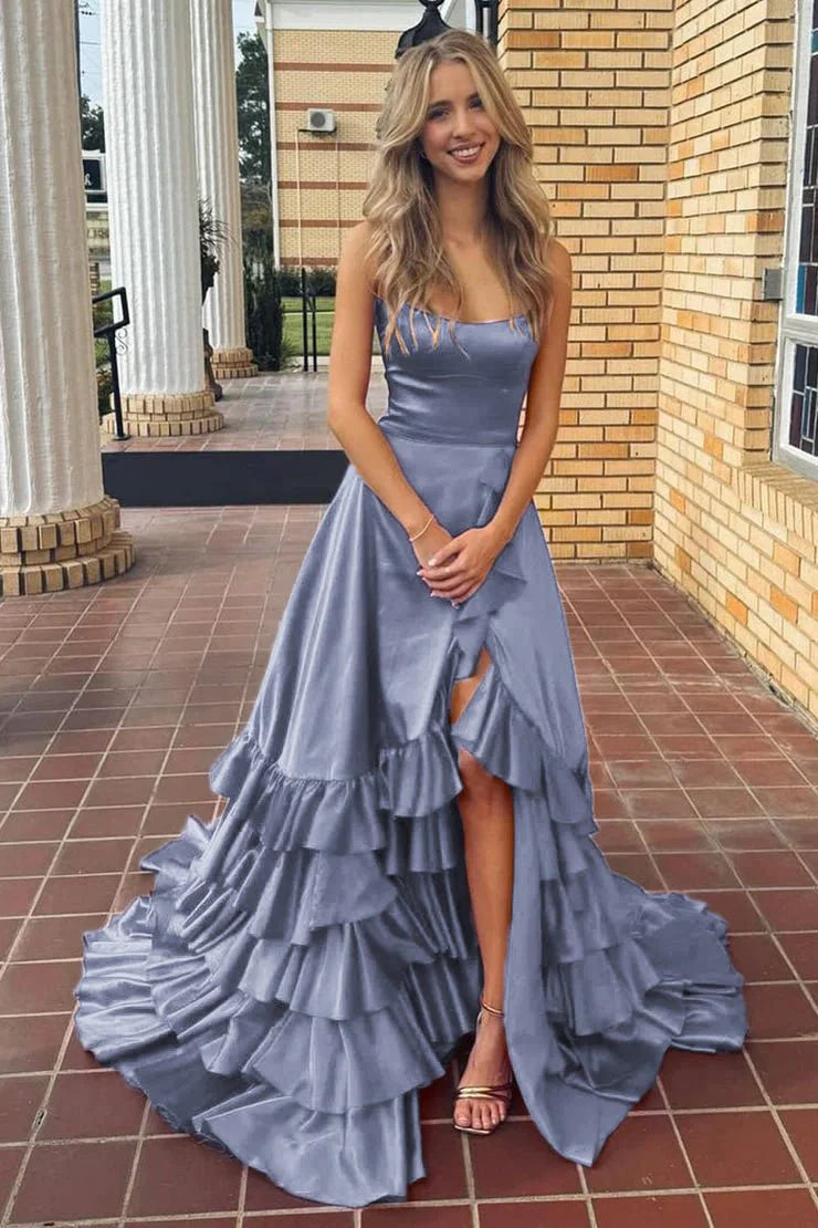 Chic A-line Ruffle Prom Dresses Long Birthday Party Dress With Slit,AST2085