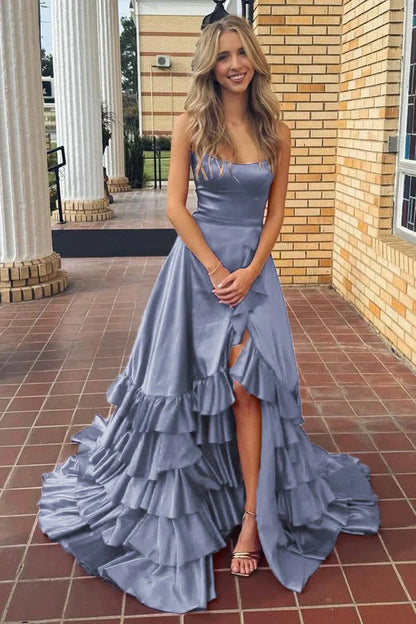 Chic A-line Ruffle Prom Dresses Long Birthday Party Dress With Slit,AST2085