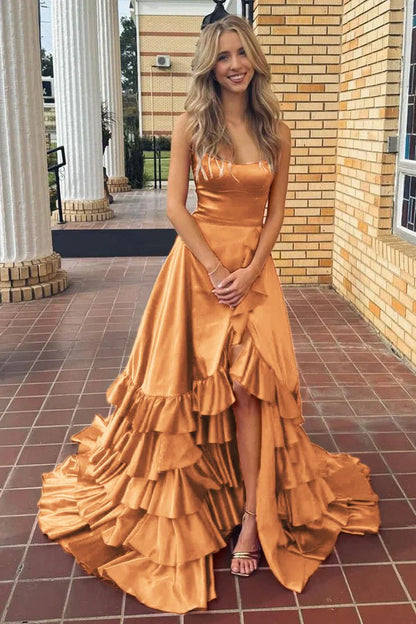 Chic A-line Ruffle Prom Dresses Long Birthday Party Dress With Slit,AST2085