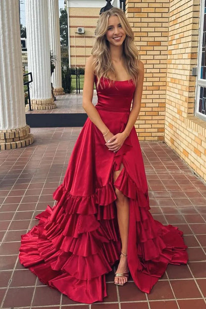 Chic A-line Ruffle Prom Dresses Long Birthday Party Dress With Slit,AST2085