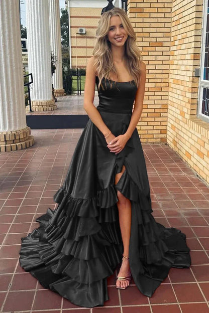 Chic A-line Ruffle Prom Dresses Long Birthday Party Dress With Slit,AST2085