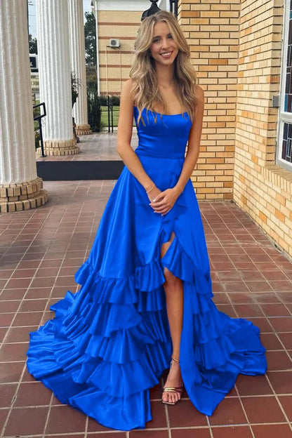 Chic A-line Ruffle Prom Dresses Long Birthday Party Dress With Slit,AST2085