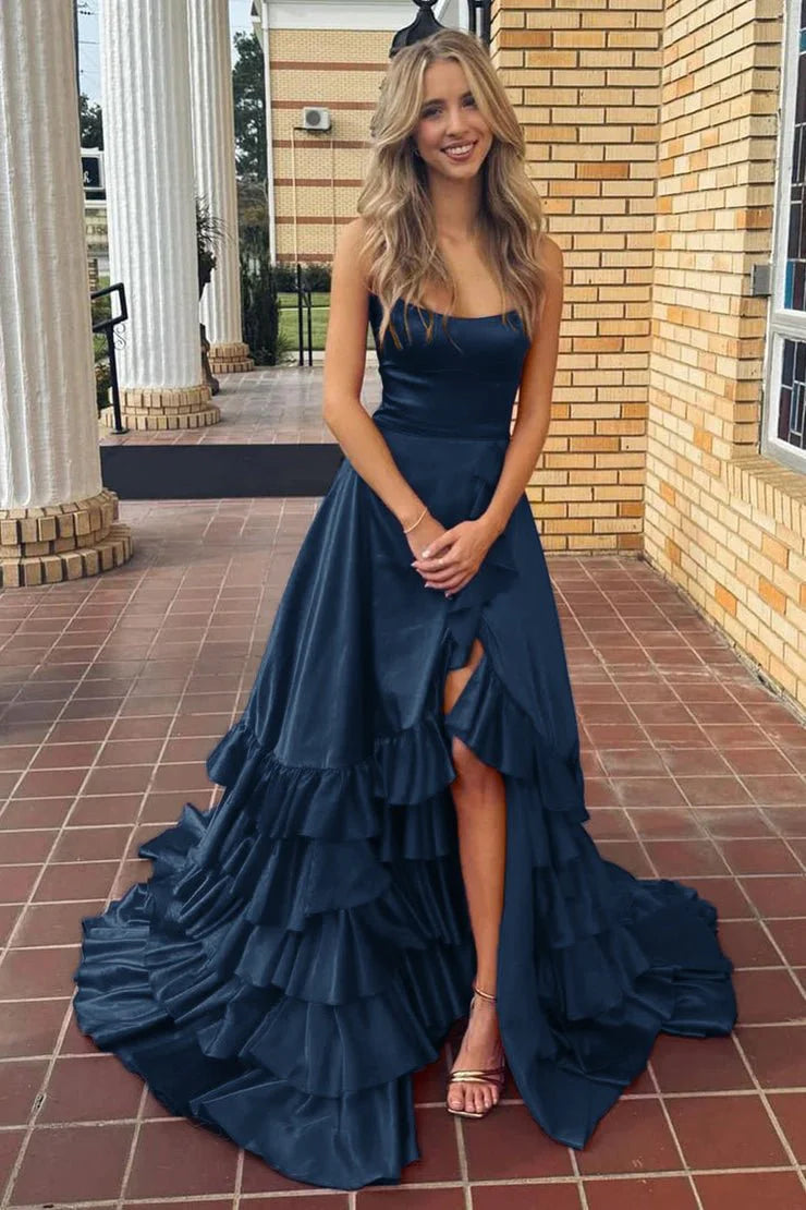 Chic A-line Ruffle Prom Dresses Long Birthday Party Dress With Slit,AST2085