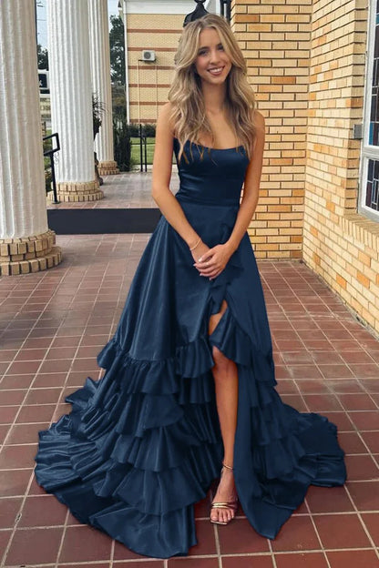 Chic A-line Ruffle Prom Dresses Long Birthday Party Dress With Slit,AST2085
