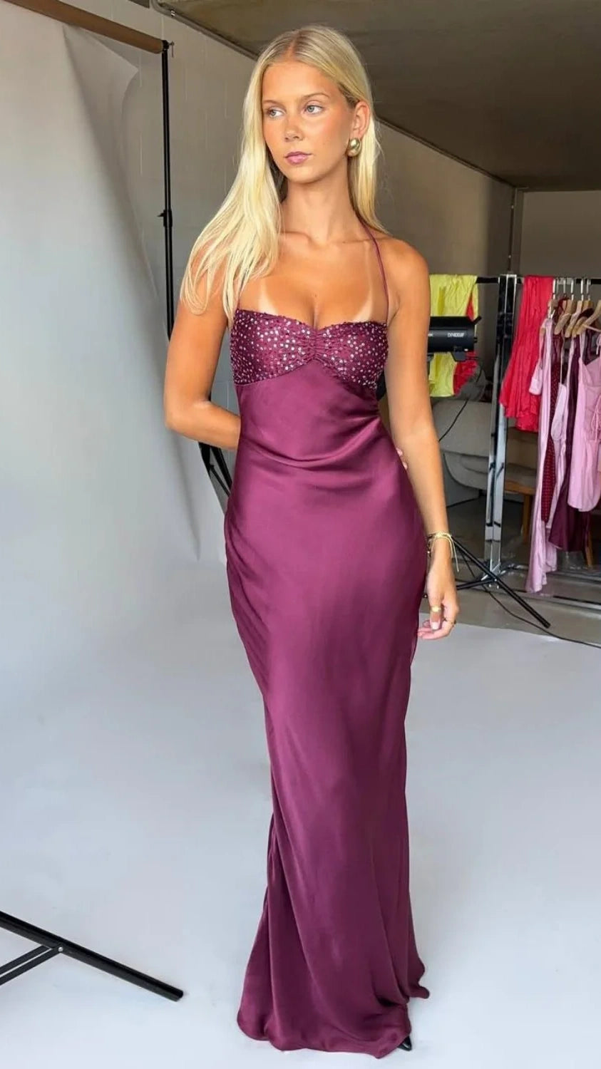 Chill Sheath Halter Satin Prom Dresses Sleeveless Evening Party Dress,AST2296