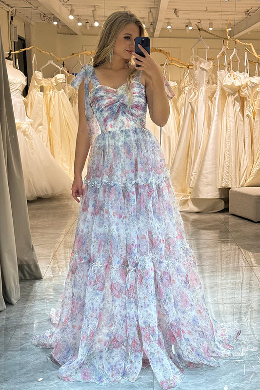 Classic A-Line Chiffon Floral Long Prom Dress,AST931