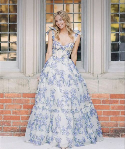 Classy Rose Print Floral Chiffon A Line Prom Evening Dress,Long Party Gown cc2951
