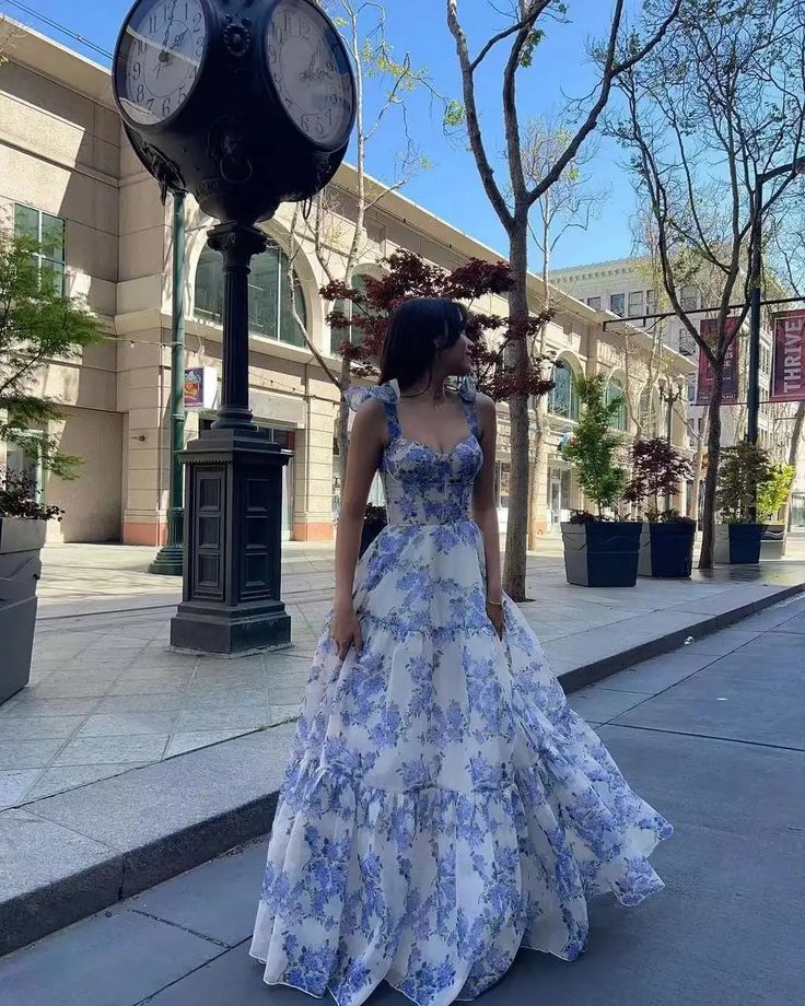Romantic Long Sleeve Floral Prom Dress Square Neck A-Line Evening Dress C8156