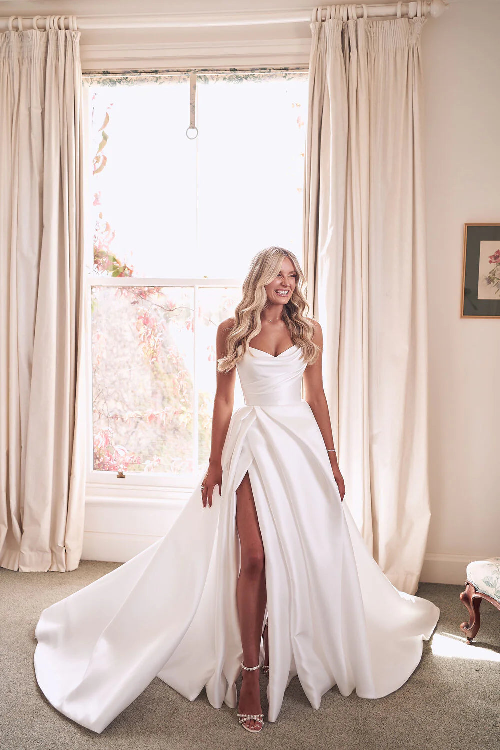oyster satin wedding dress Oyster Satin Ball Gown Wedding Dress Sleeveless Size 16 Train Buttons
