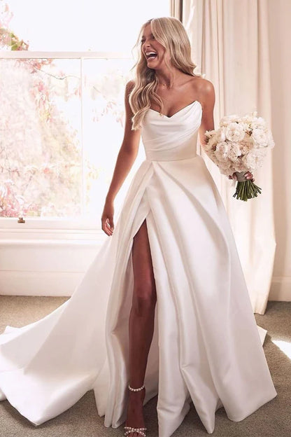 Classic Ivory Sleeveless A-Line White Satin Wedding Gown,AST944