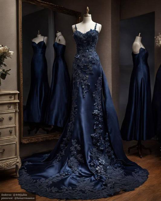 Classic Navy Blue Floral Long Prom Dresses Mermaid Evening Party Dress,AST2097