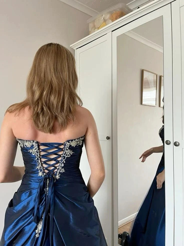 Classic Royal Blue Strapless Prom Dresses Appliques Evening Party Dress,AST2180