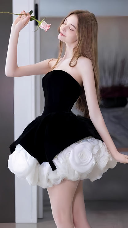 Classy Black Strapless Rose Flowers Homecoming Dresses A-line Party Dress, AST1988