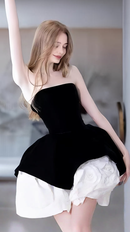 Classy Black Strapless Rose Flowers Homecoming Dresses A-line Party Dress, AST1988