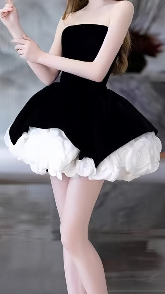 Classy Black Strapless Rose Flowers Homecoming Dresses A-line Party Dress, AST1988