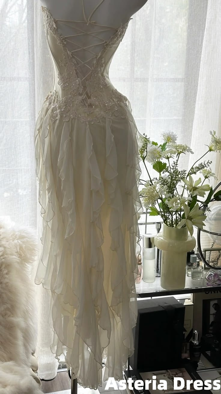 Cream White Appliques Chiffon Ruffles Homecoming Dress