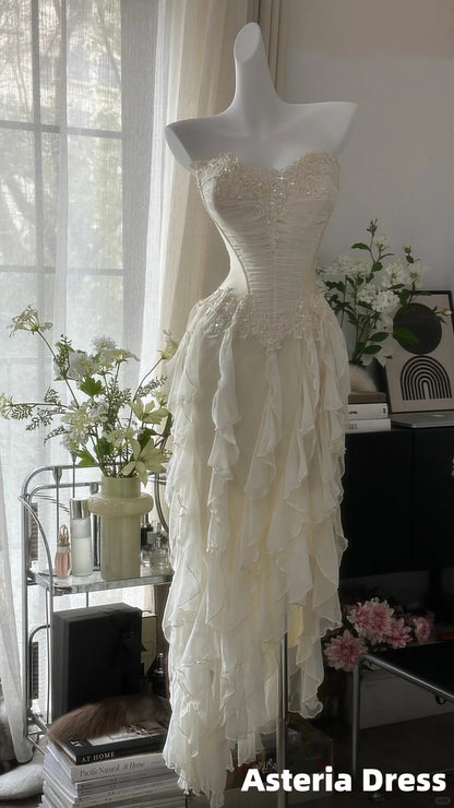 Cream White Appliques Chiffon Ruffles Homecoming Dress