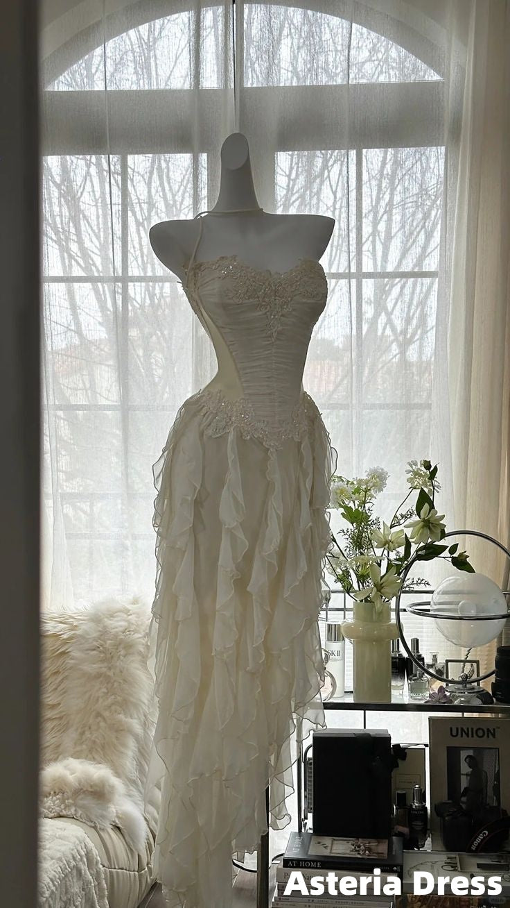 Cream White Appliques Chiffon Ruffles Homecoming Dress