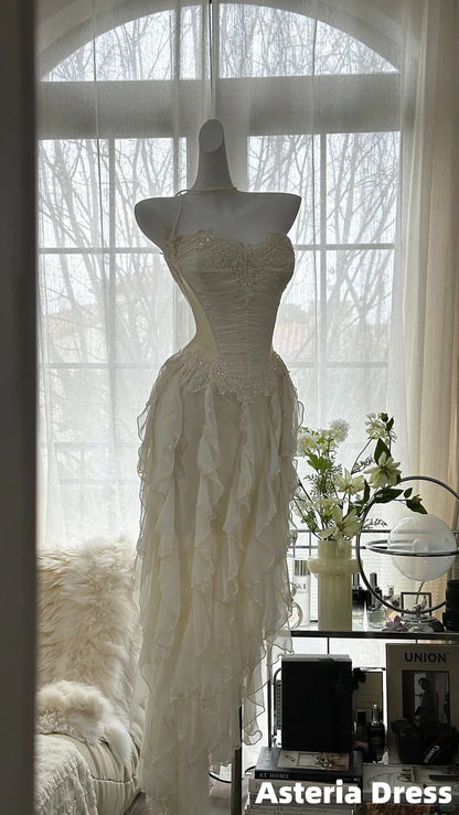 Cream White Appliques Chiffon Ruffles Homecoming Dress