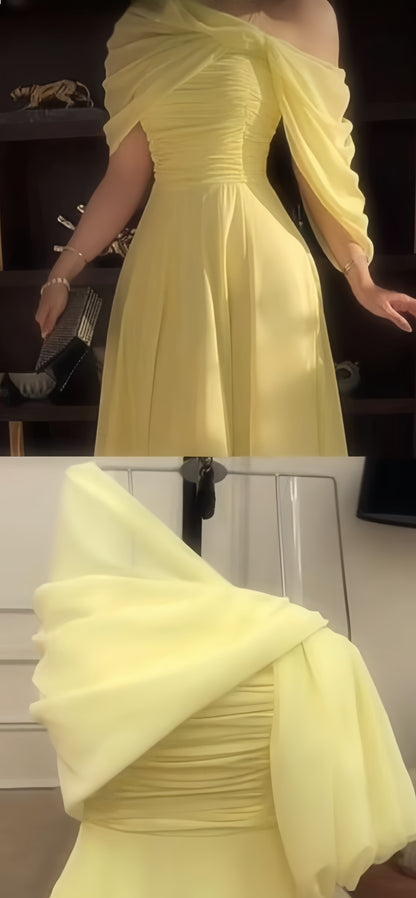 Cream Yellow Chiffon Long Prom Dresses Sheath Evening Party Dress,AST2164