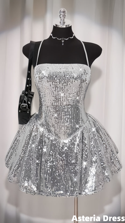 Cute Homecoming Dress Silver A-Line Sequin Party Gown