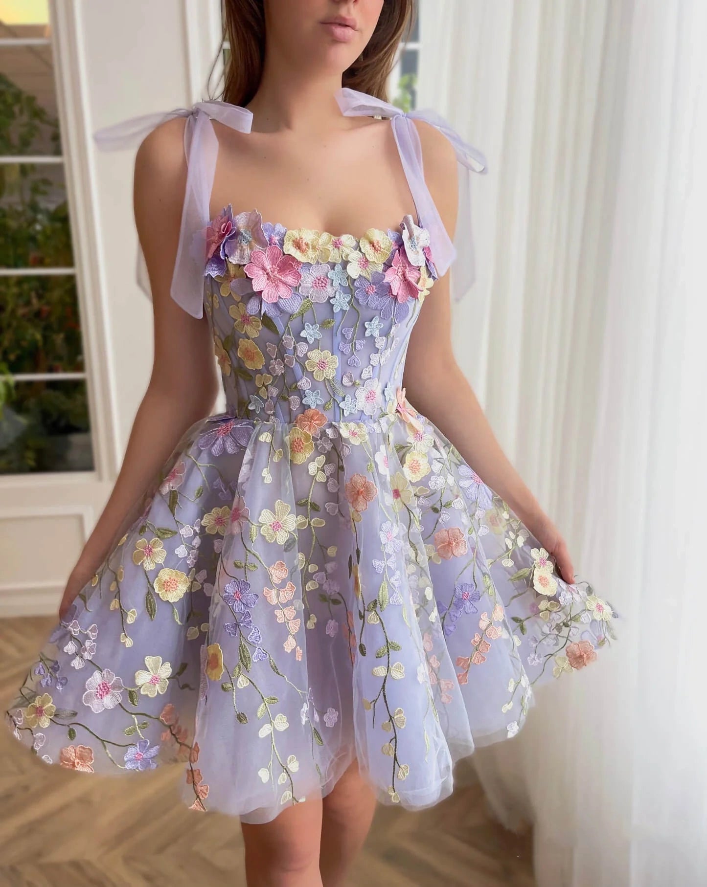 Cute Lavender Floral Mini Homecoming Dress, AST1004