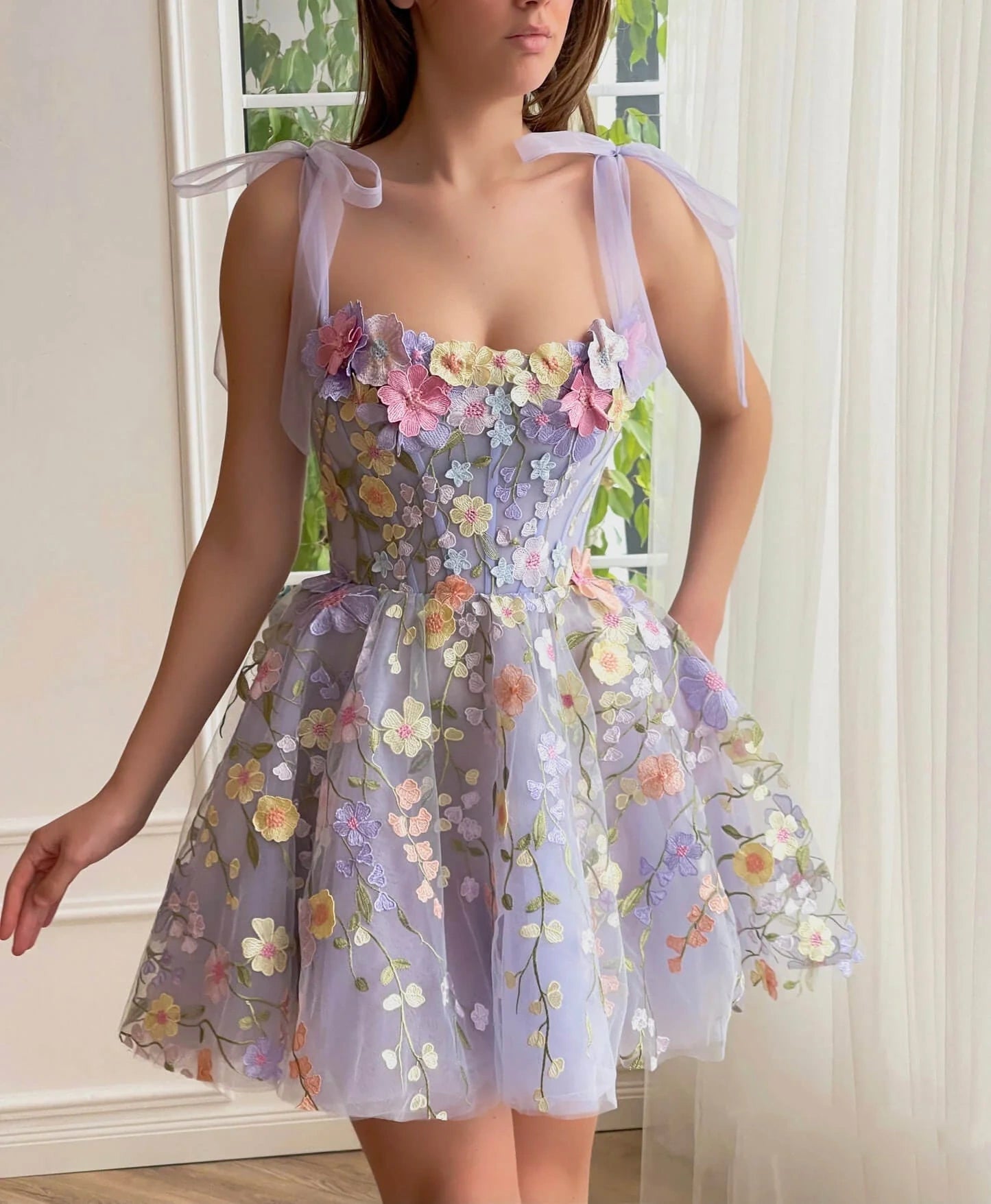 Cute Lavender Floral Mini Homecoming Dress, AST1004