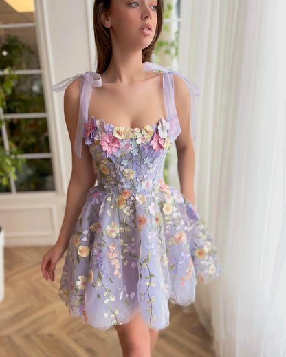 Cute Lavender Floral Mini Homecoming Dress, AST1004