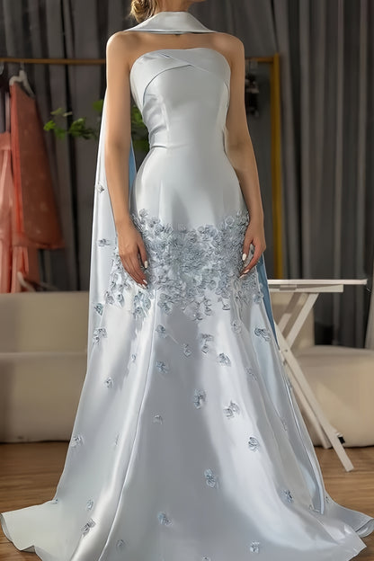 Cute Light Blue Floral Mermaid Prom Dresses Long Formal Party Dress,AST2106