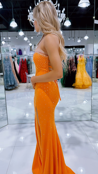 Orange Beaded Mermaid Long Prom Dress, AST1544