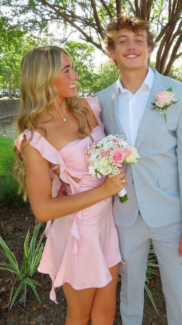 Cute Pink Ruffle Homecoming Dresses Satin Mini Hoco Dress Back To School,AST2066