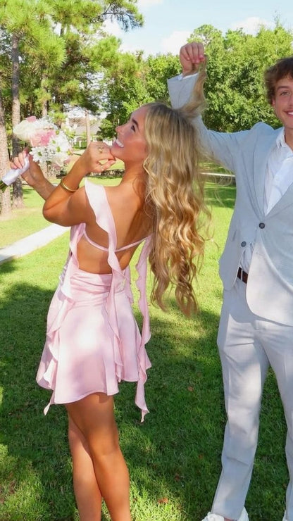 Cute Pink Ruffle Homecoming Dresses Satin Mini Hoco Dress Back To School,AST2066