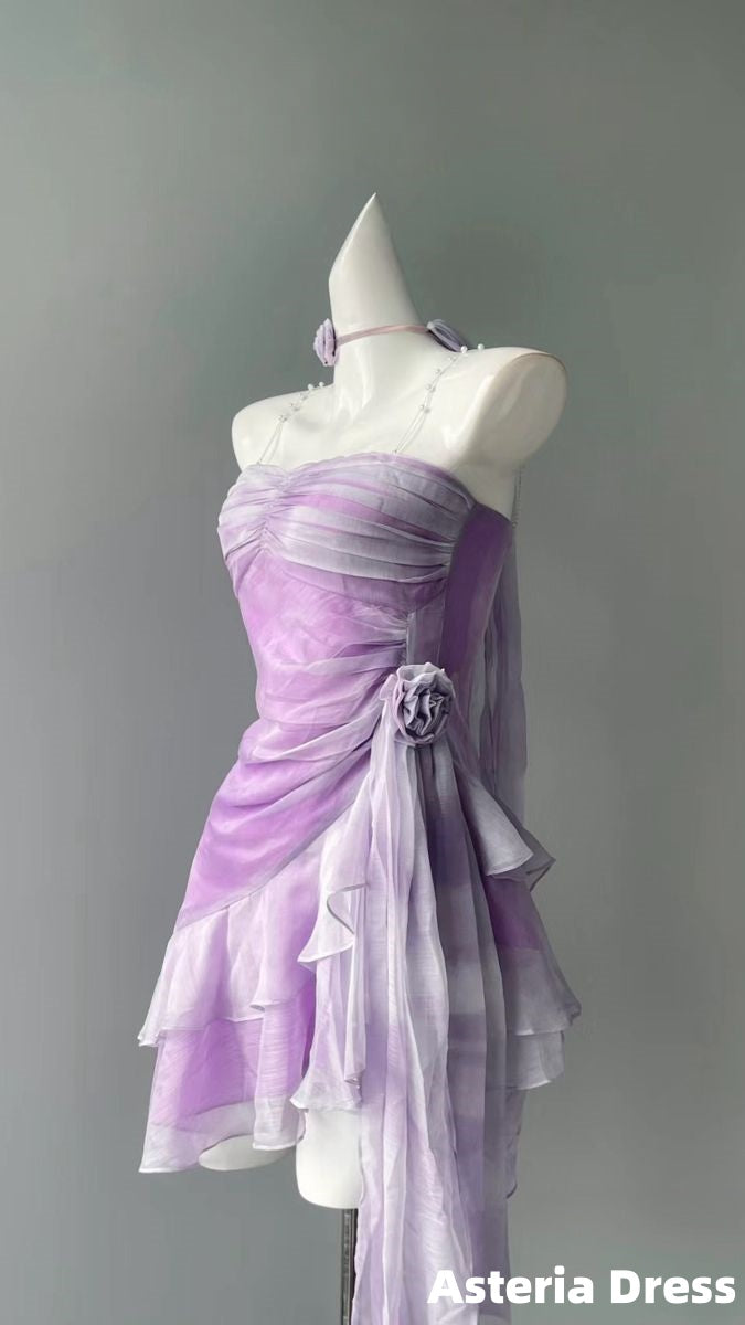 Cute Purple Floral Organza Homecoming Dresses