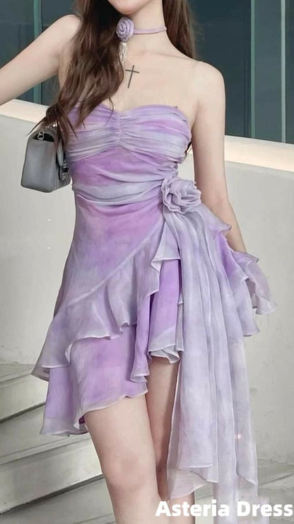 Cute Purple Floral Organza Homecoming Dresses