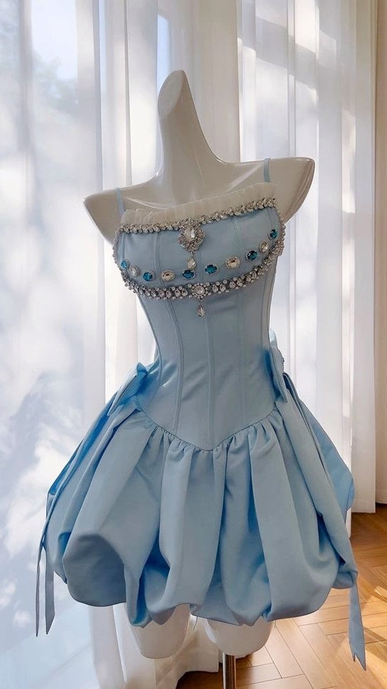 Cute Sky Blue Beaded Mini Party Dress Short Homecoming Dresses,AST2190