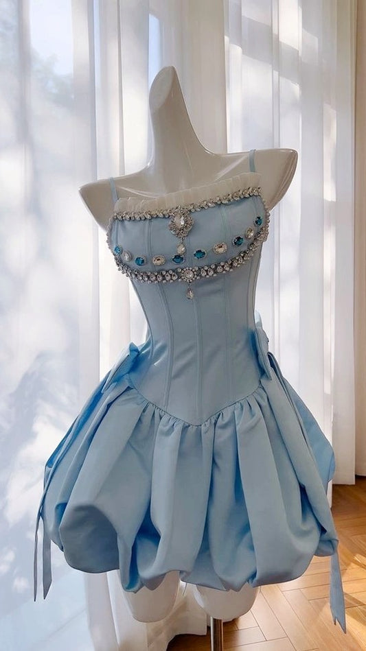 Cute Sky Blue Beaded Mini Party Dress Short Homecoming Dresses,AST2190