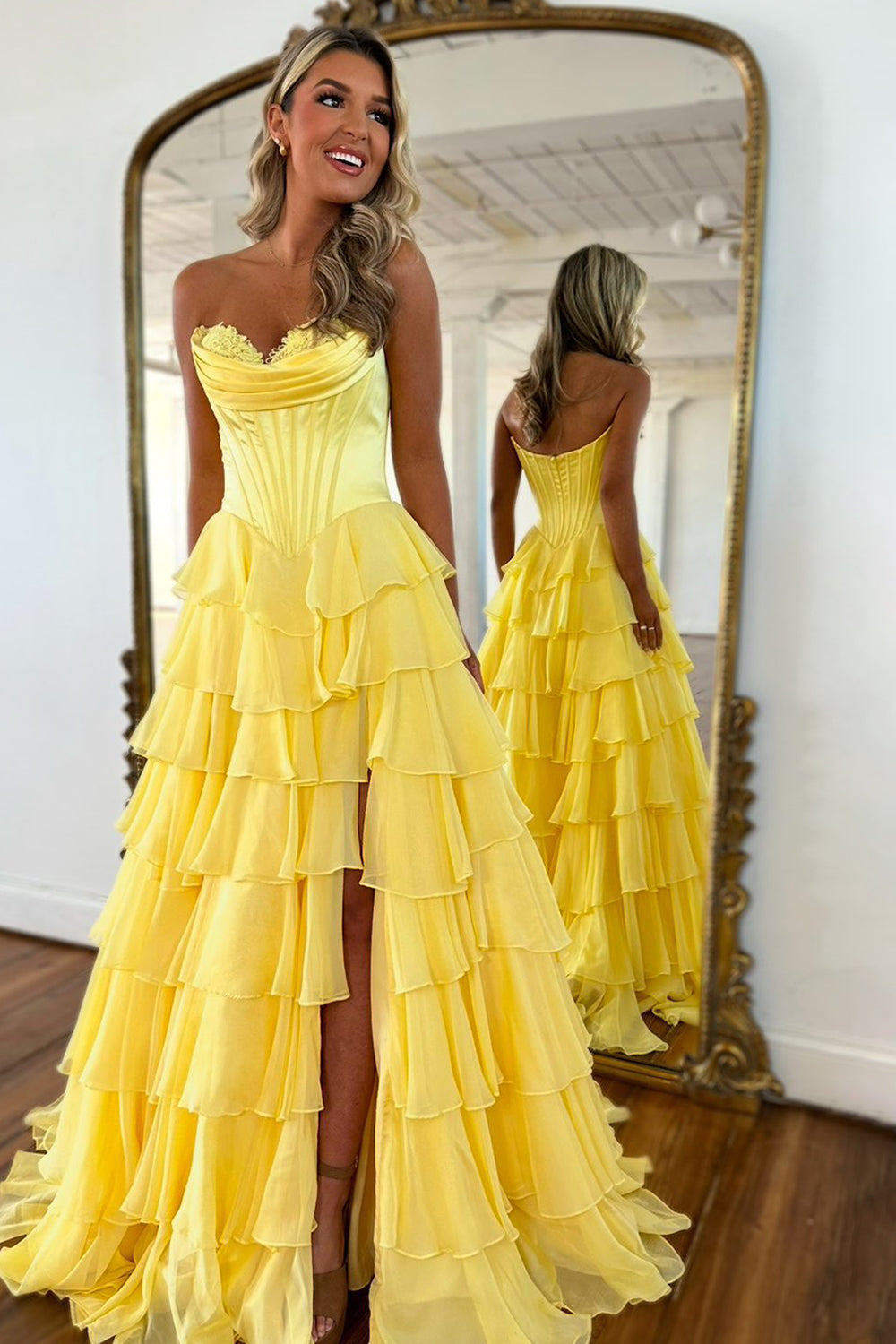 Pretty Sweetheart A-Line Satin Top Long Layered Chiffon Prom Dress with Slit