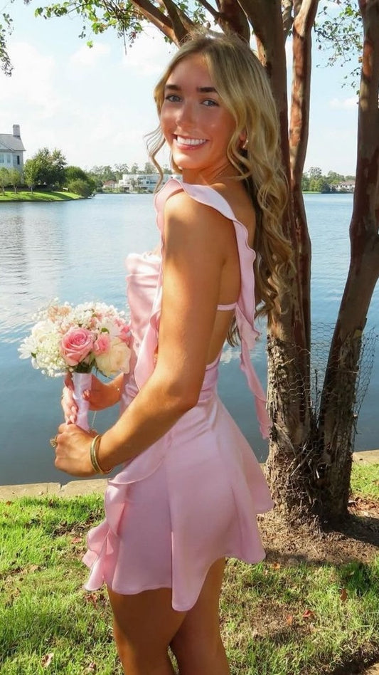 Cute Pink Ruffle Homecoming Dresses Satin Mini Hoco Dress Back To School,AST2066